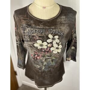 Y2K Vintage Roses Jeweled Western Boho Brown Top Size Large